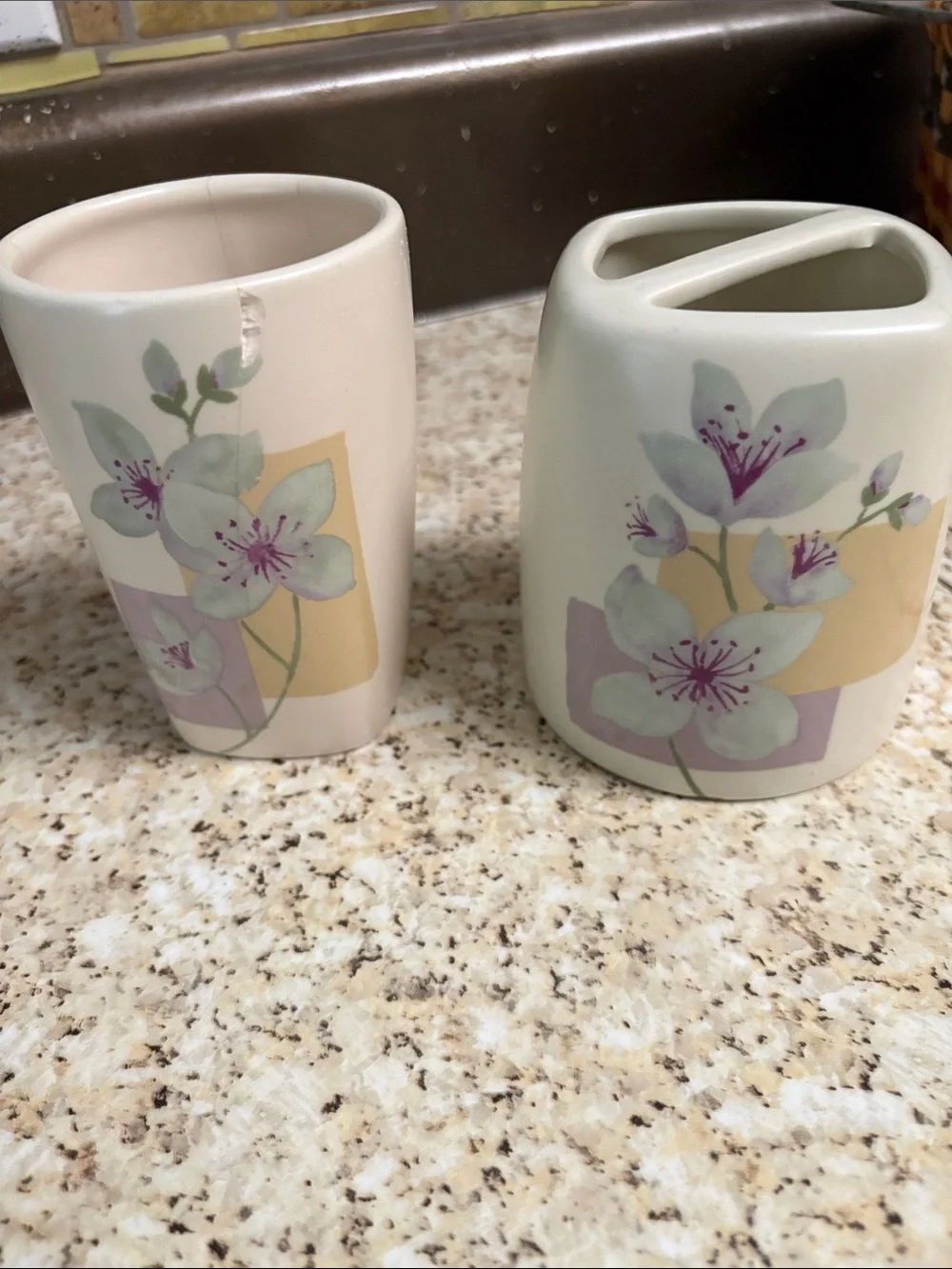 Floral Ceramic Toothbrush Holder and Tumbler Set - Purple Floral